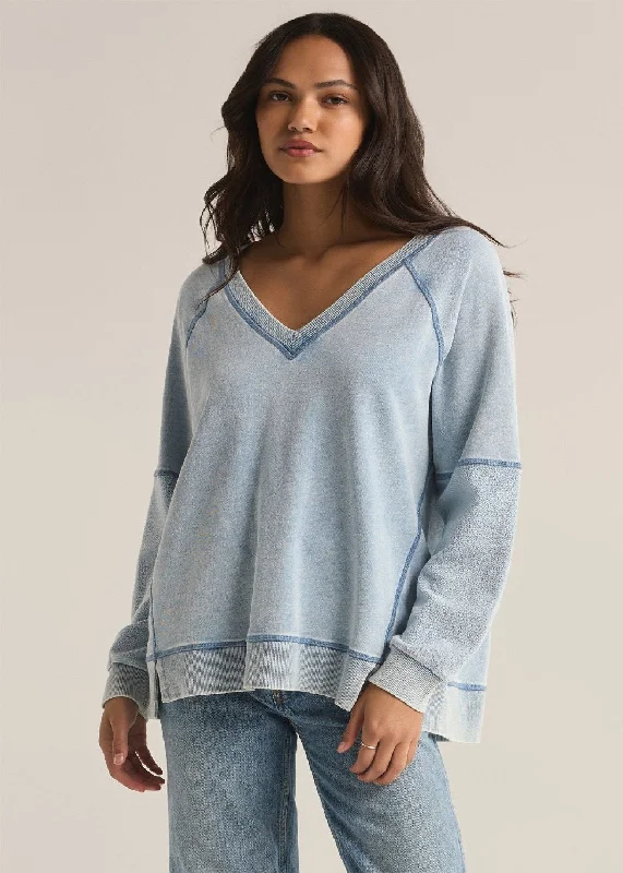 denim vneck sweatshirt Hoodie with Side Slits Relaxed Casual