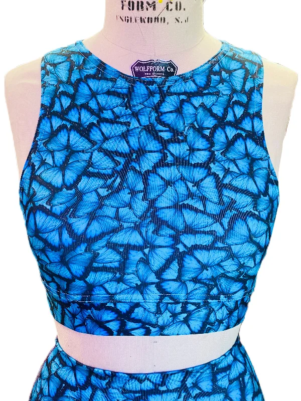 Blue Butterfly Crew Neck Sports Bra Soft Cup Bralette