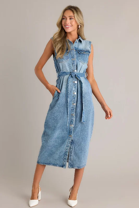 Blue Jean Babe Medium Wash Denim Maxi Dress Fashionable Off-Shoulder Maxi Dress