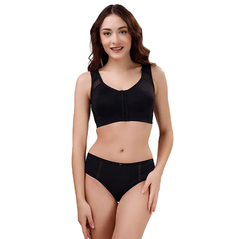 Front Closure Full Coverage Non Padded Non Wired Bra with High Waist Full Coverage Ultra Soft Mesh Panel Brief- Set CB-334/ CP-1328 Soft Cup Bralette