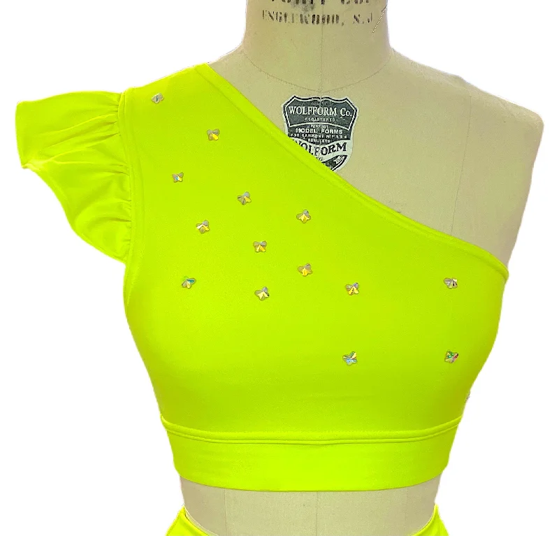 Neon Yellow Crystal Flutter Bra Floral Lace Bra