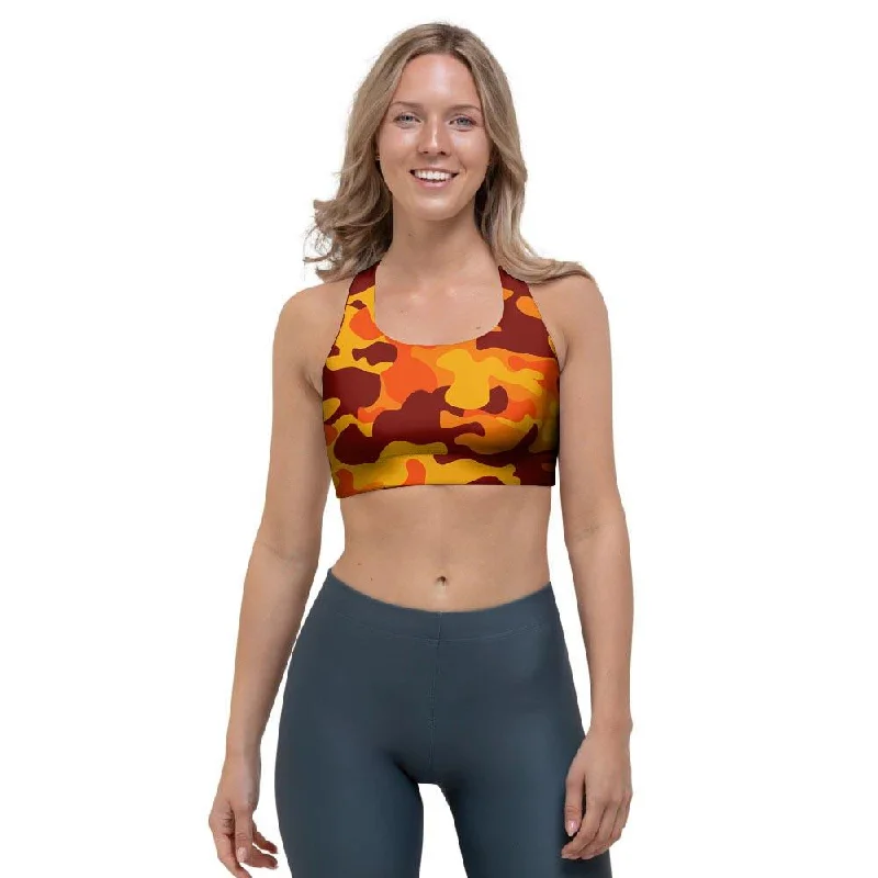 Orange Camo Print Sports Bra Soft Cup Bralette