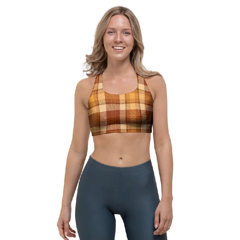 Orange Plaid Tartan Print Sports Bra High-Cut Bra Design