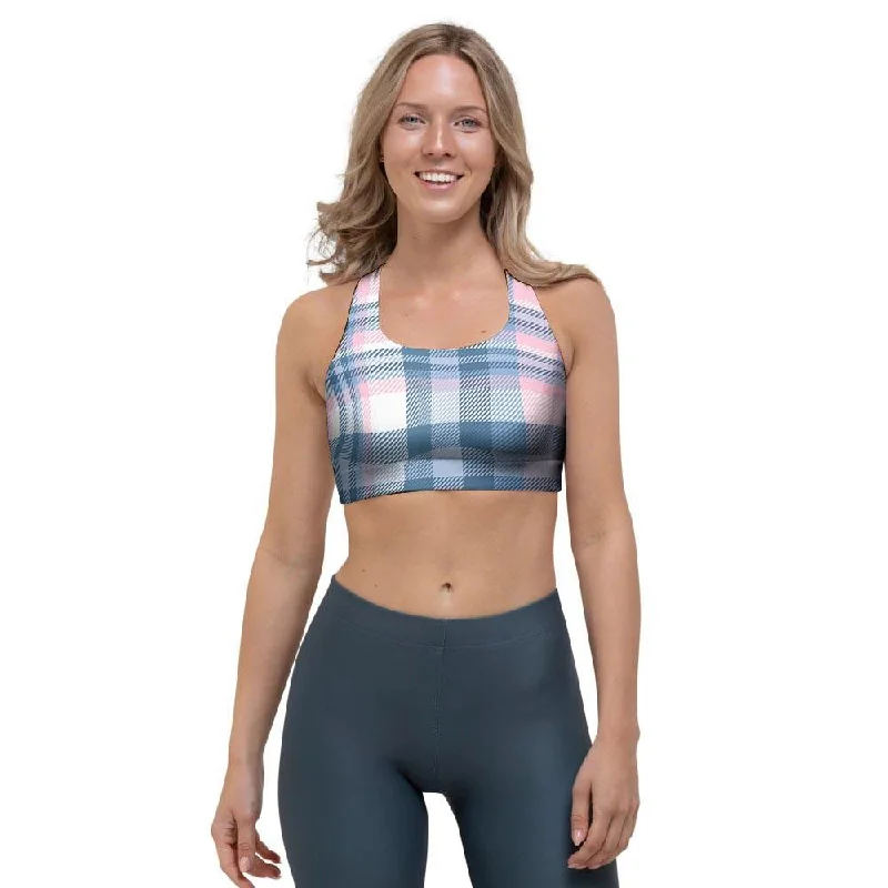 Pastel Blue And Pink Plaid Tartan Sports Bra Simple Wireless Bra