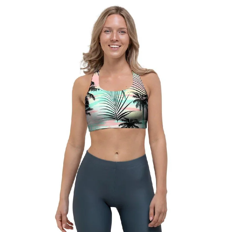 Pastel Palm Tree Hawaiian Print Sports Bra Breathable Full Coverage