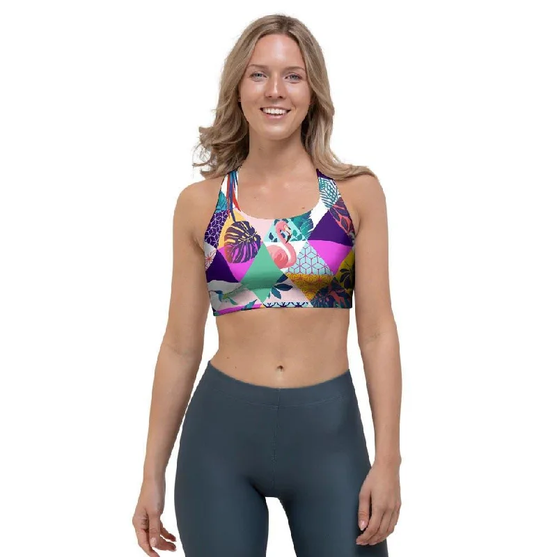 Patchwork Tropical Bird Print Sports Bra Stylish Strapless Bra