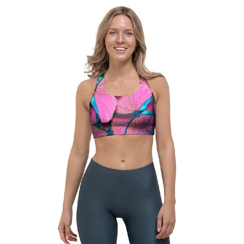 Pink And Blue Butterfly Print Sports Bra Sports Support Bra