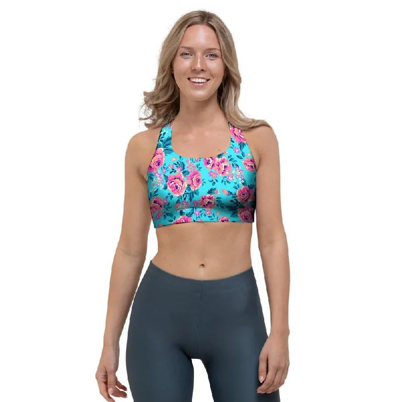 Pink And Blue Rose Floral Sports Bra Comfortable Fit Bralette