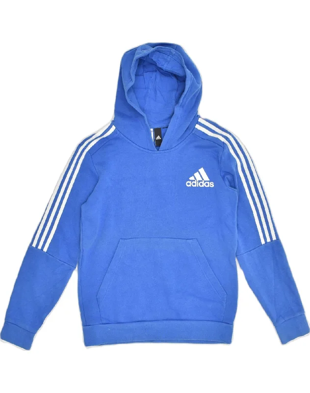 ADIDAS Womens Hoodie Jumper UK 14 Large Blue Cotton Hoodie with Hem Embroidery Detailed Premium ADIDAS Womens Hoodie Jumper UK 14 Large Blue Cotton Hoodie with Hem Embroidery Detailed Premium