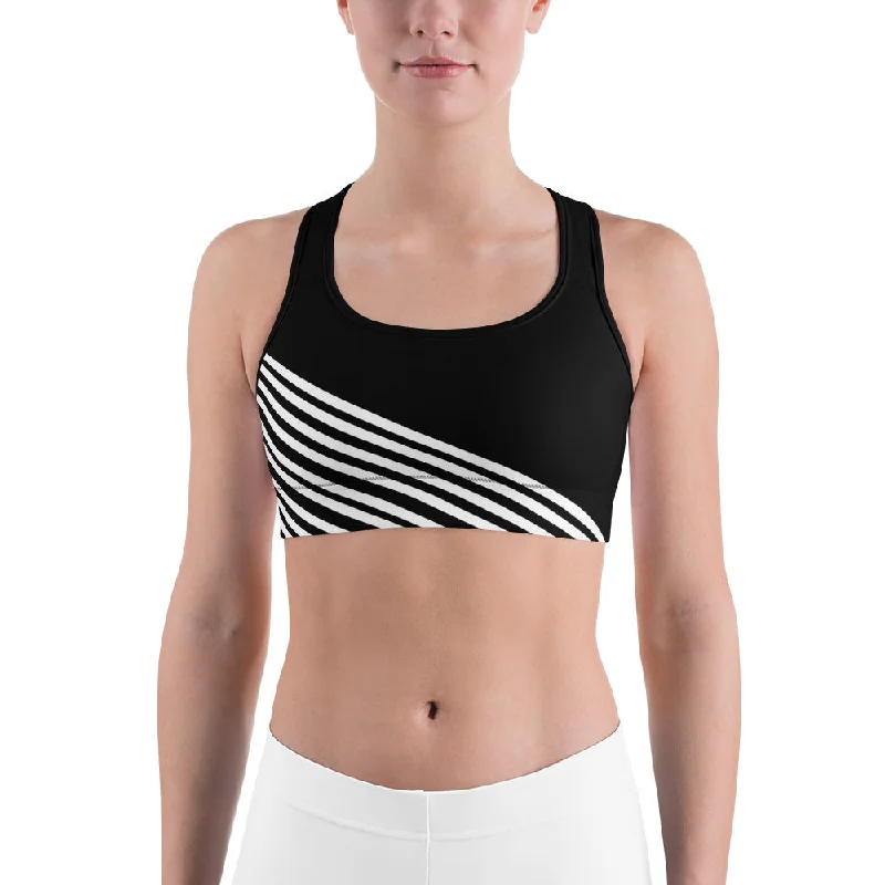 White Diagonal Striped Sports Bra, Black Stripe Print Women's Unpadded Bra-Made in USA/ EU Ultra-Light Bra White Diagonal Striped Sports Bra, Black Stripe Print Women's Unpadded Bra-Made in USA/ EU Ultra-Light Bra