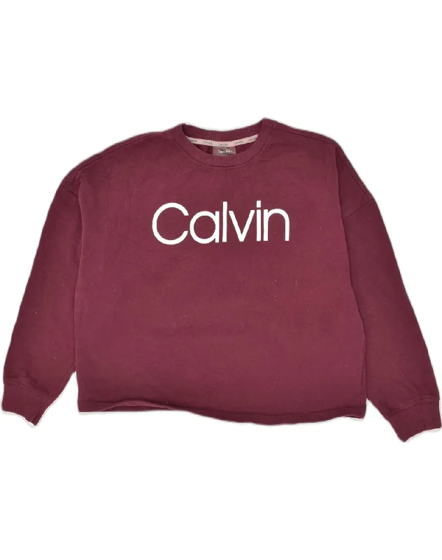 CALVIN KLEIN Womens Oversized Sweatshirt Jumper UK 14 Medium Maroon Cotton Hoodie with Hem Applique Textured Unique CALVIN KLEIN Womens Oversized Sweatshirt Jumper UK 14 Medium Maroon Cotton Hoodie with Hem Applique Textured Unique