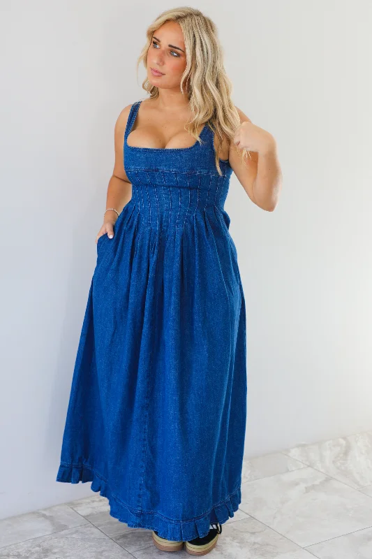 Cancelled Plans Denim Maxi Dress: Denim Comfortable Flowy Maxi Dress