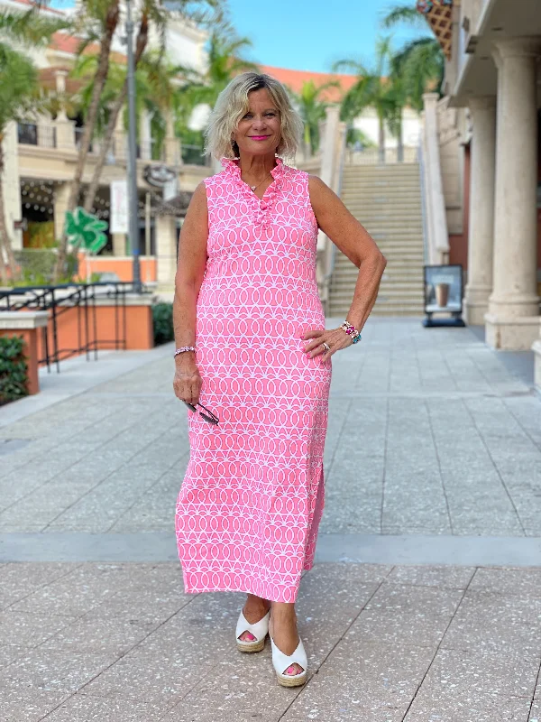 CANDY PINK RUFFLE MAXI DRESS Comfortable Fitted Maxi Dress