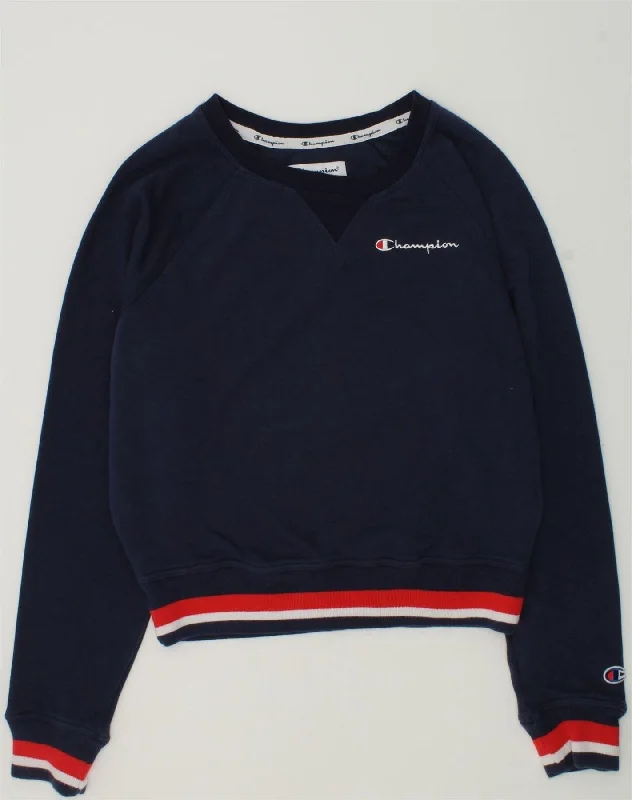 CHAMPION Womens Crop Sweatshirt Jumper UK 10 Small Navy Blue Cotton Hoodie with Elastic Waist Stretchable Comfortable CHAMPION Womens Crop Sweatshirt Jumper UK 10 Small Navy Blue Cotton Hoodie with Elastic Waist Stretchable Comfortable