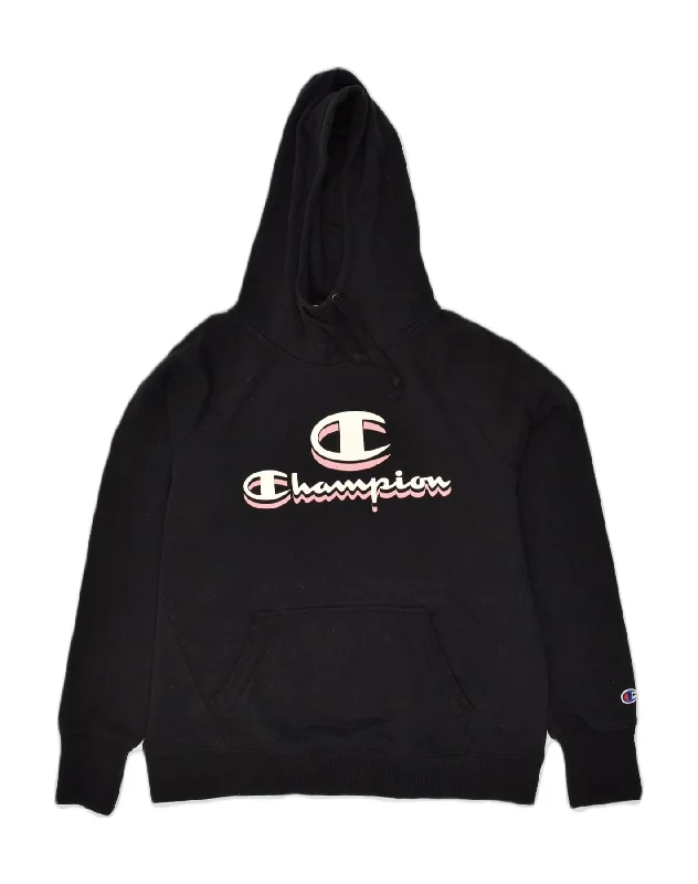 CHAMPION Womens Graphic Hoodie Jumper UK 10 Small Black Cotton Hoodie with Hidden Zipper Minimalist Clean CHAMPION Womens Graphic Hoodie Jumper UK 10 Small Black Cotton Hoodie with Hidden Zipper Minimalist Clean