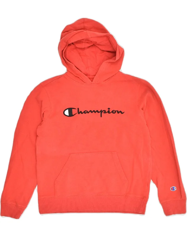 CHAMPION Womens Graphic Hoodie Jumper UK 14 Large Red Cotton Hoodie with Hem Fringe Bohemian Relaxed CHAMPION Womens Graphic Hoodie Jumper UK 14 Large Red Cotton Hoodie with Hem Fringe Bohemian Relaxed