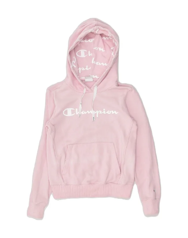 CHAMPION Womens Graphic Hoodie Jumper UK 6 XS Pink Cotton Hoodie with Belted Waist Structured Tailored CHAMPION Womens Graphic Hoodie Jumper UK 6 XS Pink Cotton Hoodie with Belted Waist Structured Tailored