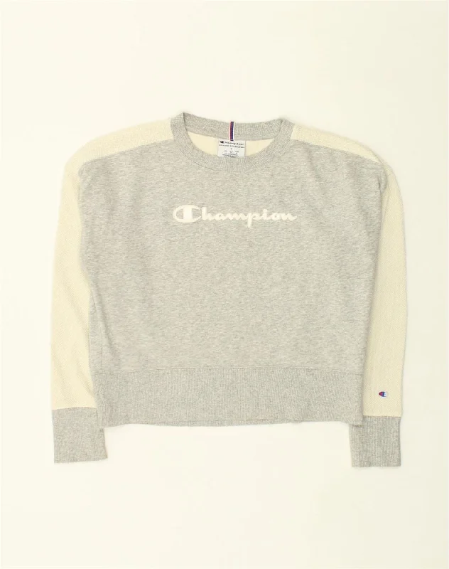 CHAMPION Womens Sweatshirt Jumper UK 10 Small Grey Colourblock Cotton Hoodie with Metallic Shiny Futuristic CHAMPION Womens Sweatshirt Jumper UK 10 Small Grey Colourblock Cotton Hoodie with Metallic Shiny Futuristic
