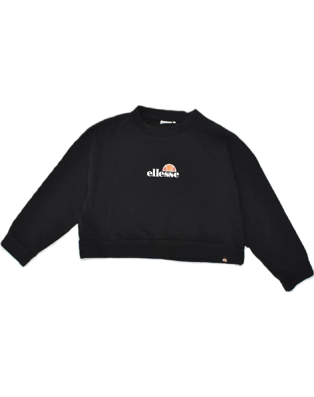 ELLESSE Womens Oversized Graphic Sweatshirt Jumper UK 6 XS Black Cotton Hoodie with Velcro Closure Adjustable Secure ELLESSE Womens Oversized Graphic Sweatshirt Jumper UK 6 XS Black Cotton Hoodie with Velcro Closure Adjustable Secure