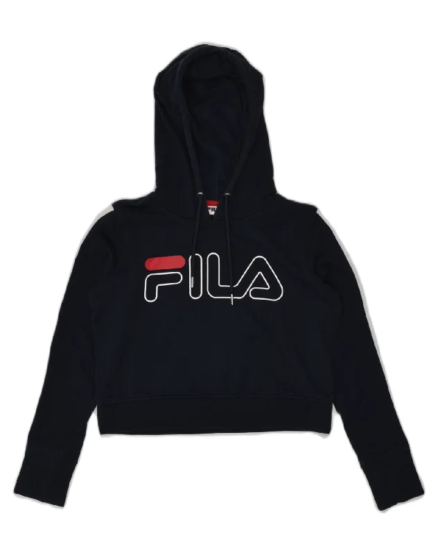 FILA Womens Crop Graphic Hoodie Jumper UK 6 XS Navy Blue Cotton Hoodie Dress Longline Feminine FILA Womens Crop Graphic Hoodie Jumper UK 6 XS Navy Blue Cotton Hoodie Dress Longline Feminine