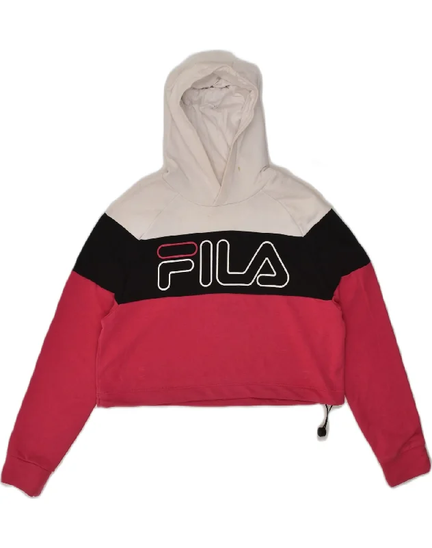 FILA Womens Crop Graphic Hoodie Jumper UK 6 XS White Colourblock Cotton Hooded Sweatshirt Casual Wear Street Style FILA Womens Crop Graphic Hoodie Jumper UK 6 XS White Colourblock Cotton Hooded Sweatshirt Casual Wear Street Style