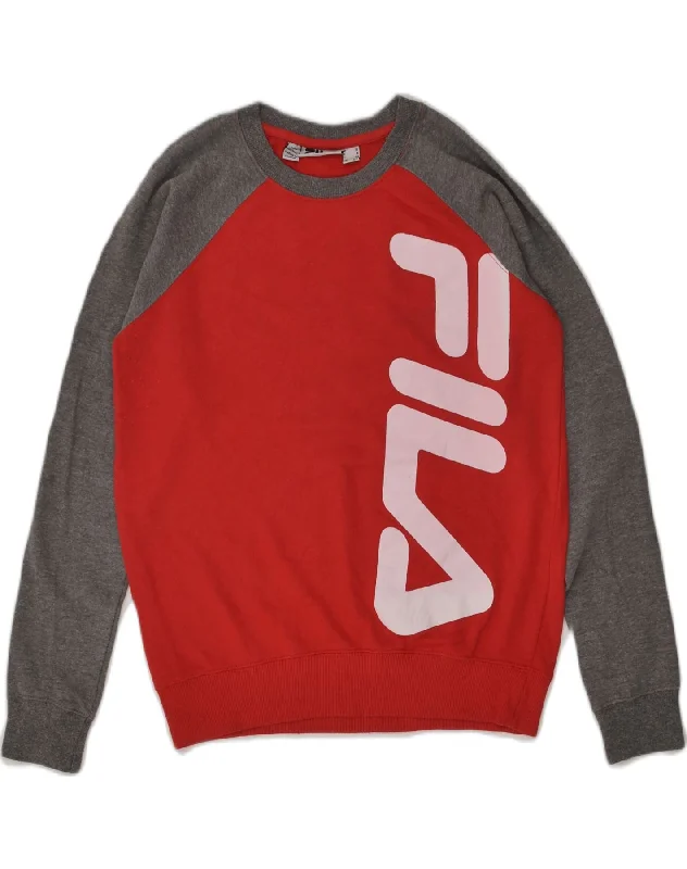 FILA Womens Graphic Sweatshirt Jumper UK 12 Medium Red Colourblock Hoodie with Hem Ribbing Snug Secure FILA Womens Graphic Sweatshirt Jumper UK 12 Medium Red Colourblock Hoodie with Hem Ribbing Snug Secure