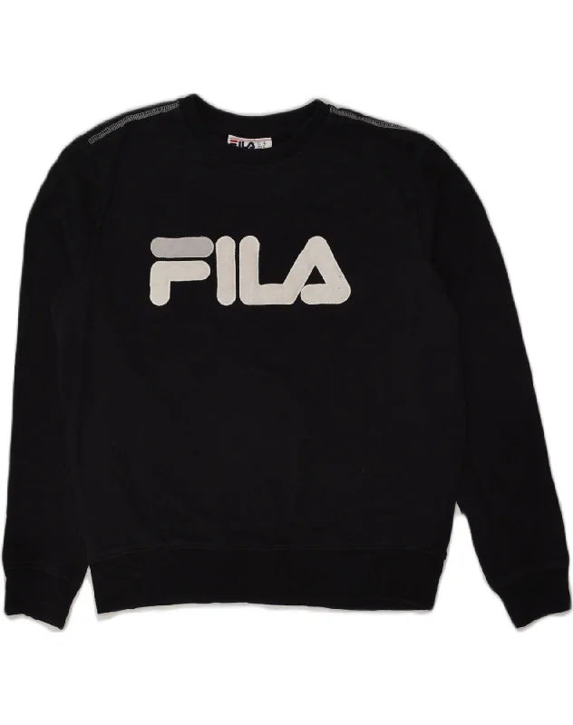 FILA Womens Graphic Sweatshirt Jumper UK 14 Medium Black Hoodie with Hem Fringe Bohemian Relaxed FILA Womens Graphic Sweatshirt Jumper UK 14 Medium Black Hoodie with Hem Fringe Bohemian Relaxed