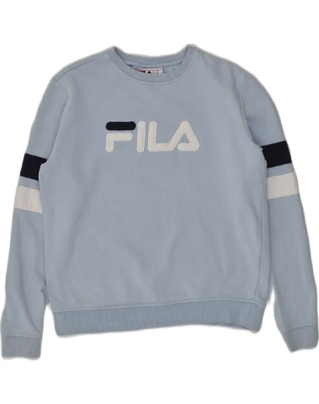 FILA Womens Graphic Sweatshirt Jumper UK 14 Medium Blue Cotton Hoodie with Illustration Artistic Creative FILA Womens Graphic Sweatshirt Jumper UK 14 Medium Blue Cotton Hoodie with Illustration Artistic Creative