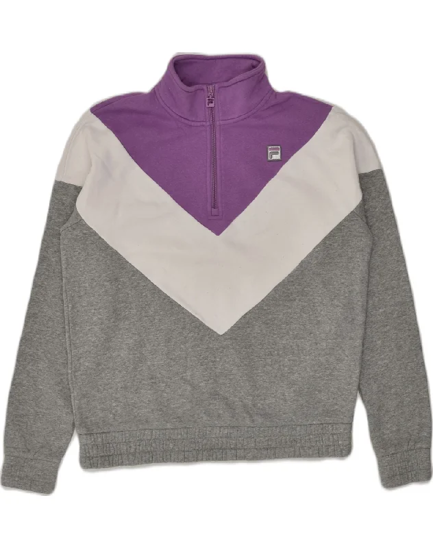 FILA Womens Zip Neck Sweatshirt Jumper UK 14 Medium Grey Colourblock Hoodie with Pattern Geometric Abstract FILA Womens Zip Neck Sweatshirt Jumper UK 14 Medium Grey Colourblock Hoodie with Pattern Geometric Abstract
