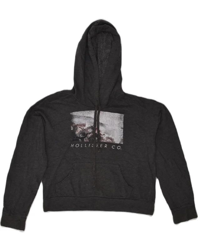 HOLLISTER Womens Graphic Hoodie Jumper UK 10 Small Grey Cotton Hoodie with Front Slit Layering Stylish HOLLISTER Womens Graphic Hoodie Jumper UK 10 Small Grey Cotton Hoodie with Front Slit Layering Stylish