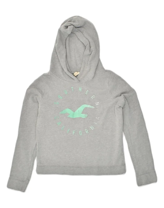 HOLLISTER Womens Graphic Hoodie Jumper UK 10 Small Grey Cotton Hoodie with Longline Fit Extended Stylish HOLLISTER Womens Graphic Hoodie Jumper UK 10 Small Grey Cotton Hoodie with Longline Fit Extended Stylish