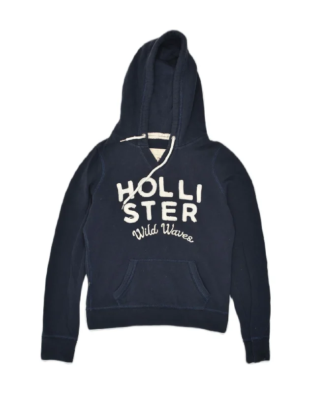 HOLLISTER Womens Graphic Hoodie Jumper UK 14 Medium Navy Blue Cotton Hoodie with Lace Feminine Delicate HOLLISTER Womens Graphic Hoodie Jumper UK 14 Medium Navy Blue Cotton Hoodie with Lace Feminine Delicate