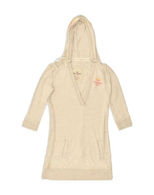 HOLLISTER Womens Longline 3/4 Sleeve Hoodie Jumper UK 12 Medium Beige Hoodie with Print Artistic Unique HOLLISTER Womens Longline 3/4 Sleeve Hoodie Jumper UK 12 Medium Beige Hoodie with Print Artistic Unique