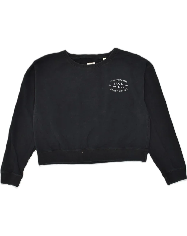 JACK WILLS Womens Crop Sweatshirt Jumper UK 12 Medium Black Cotton Hoodie with Hem Patch Decorative Personalized JACK WILLS Womens Crop Sweatshirt Jumper UK 12 Medium Black Cotton Hoodie with Hem Patch Decorative Personalized