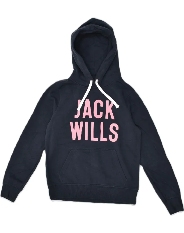 JACK WILLS Womens Graphic Hoodie Jumper UK 10 Small Navy Blue Cotton Hoodie with Emblem Brand Identity JACK WILLS Womens Graphic Hoodie Jumper UK 10 Small Navy Blue Cotton Hoodie with Emblem Brand Identity