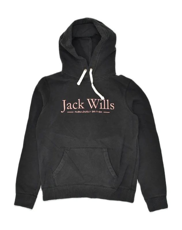 JACK WILLS Womens Graphic Hoodie Jumper UK 12 Medium Black Cotton Hoodie with Hem Frayed Vintage Worn JACK WILLS Womens Graphic Hoodie Jumper UK 12 Medium Black Cotton Hoodie with Hem Frayed Vintage Worn
