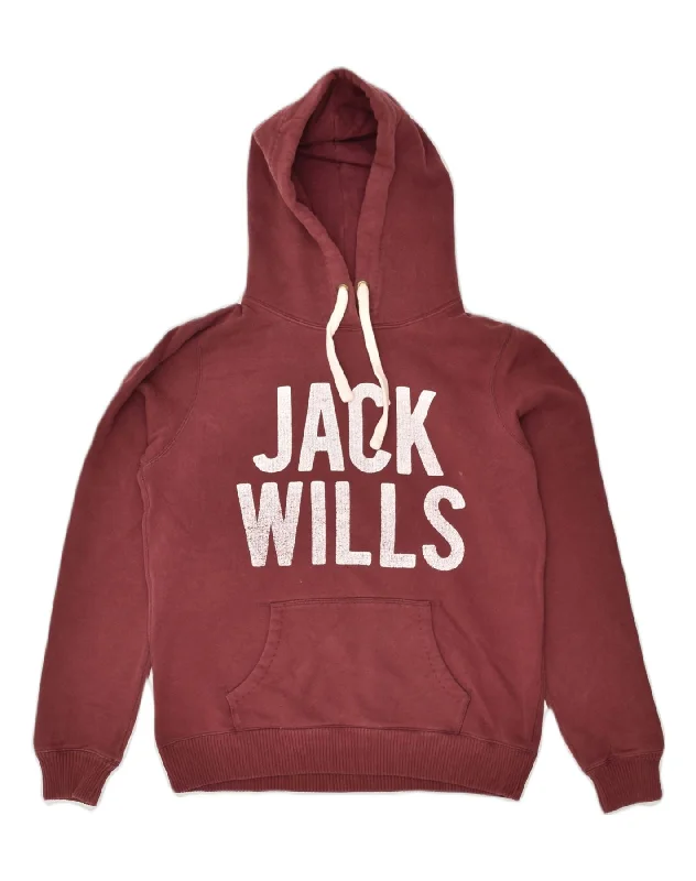 JACK WILLS Womens Graphic Hoodie Jumper UK 12 Medium Maroon Cotton Hoodie with Hem Applique Textured Unique JACK WILLS Womens Graphic Hoodie Jumper UK 12 Medium Maroon Cotton Hoodie with Hem Applique Textured Unique