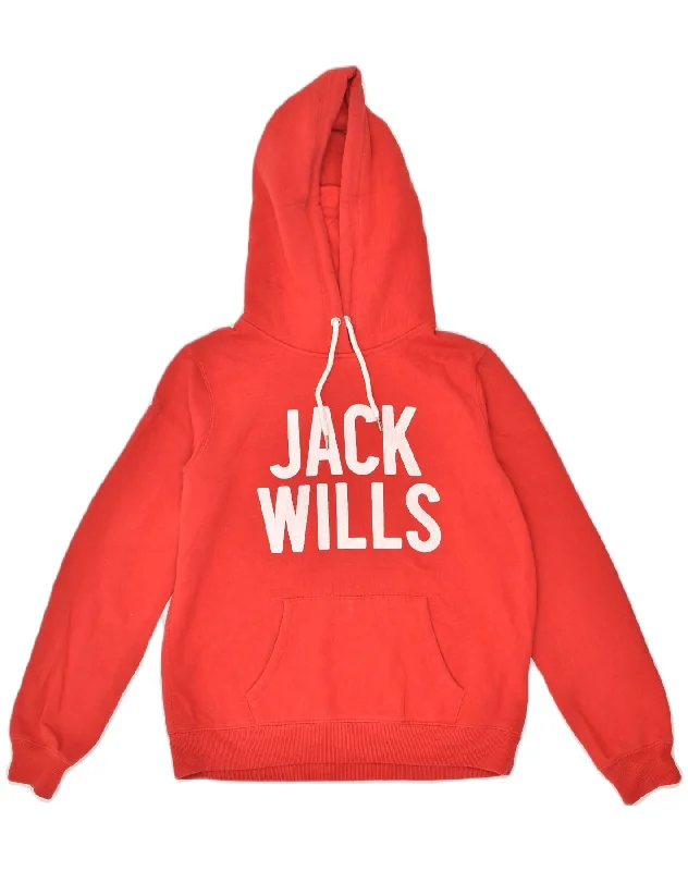 JACK WILLS Womens Graphic Hoodie Jumper UK 14 Large Red Cotton Hoodie with Snap Buttons Easy Quick