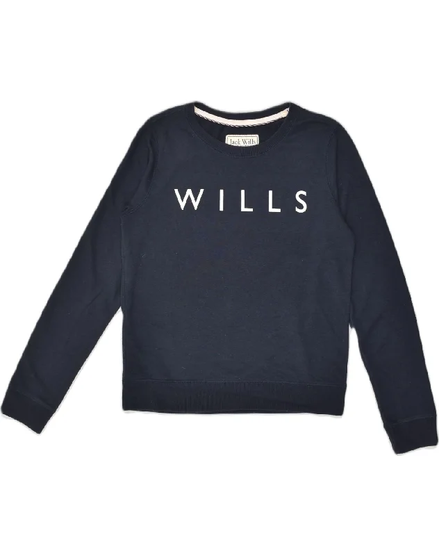 JACK WILLS Womens Graphic Sweatshirt Jumper UK 10 Small Navy Blue Cotton Hoodie with Thumb Holes Functional Cozy JACK WILLS Womens Graphic Sweatshirt Jumper UK 10 Small Navy Blue Cotton Hoodie with Thumb Holes Functional Cozy