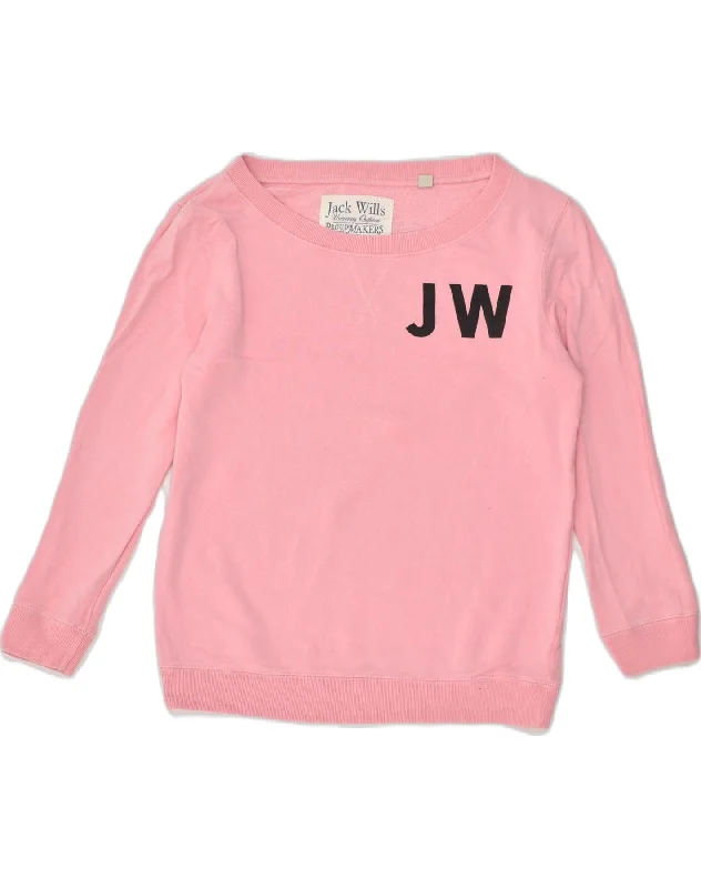 JACK WILLS Womens Graphic Sweatshirt Jumper UK 8 Small  Pink Cotton Hoodie with Longline Fit Extended Stylish