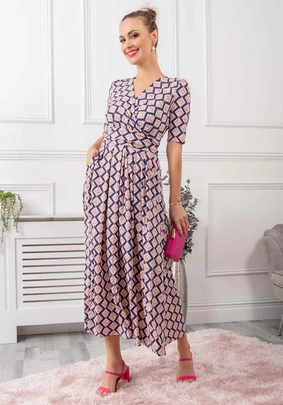 Jolie Moi Denise Bird Print Maxi Dress, Pink Stylish V-Neck Maxi Dress