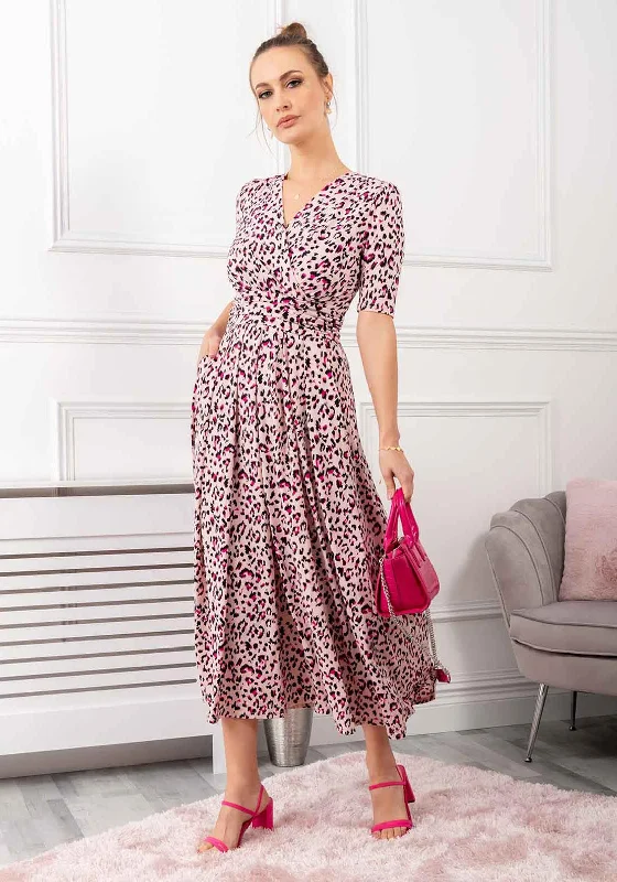 Jolie Moi Denise Leopard Print Maxi Dress, Pink Trendy Maxi Dress with Bow