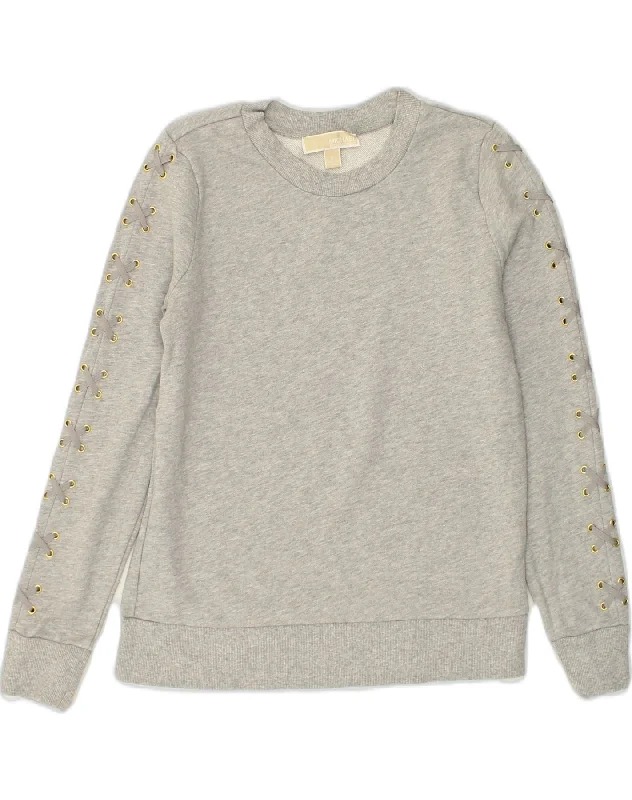 MICHAEL KORS Womens Sweatshirt Jumper UK 8 Small Grey Hoodie with Raw Hem Edgy Unfinished MICHAEL KORS Womens Sweatshirt Jumper UK 8 Small Grey Hoodie with Raw Hem Edgy Unfinished