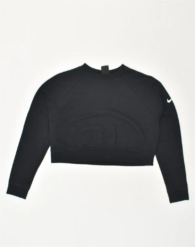 NIKE Womens Dri Fit Oversized Crop Sweatshirt Jumper UK 6 XS Black Cotton Hoodie with Drop Shoulder Relaxed Streetwear