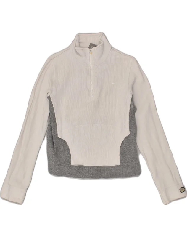 NIKE Womens Zip Neck Sweatshirt Jumper UK 8 Small White Colourblock Cotton Hoodie with Slim Fit Tailored Modern NIKE Womens Zip Neck Sweatshirt Jumper UK 8 Small White Colourblock Cotton Hoodie with Slim Fit Tailored Modern