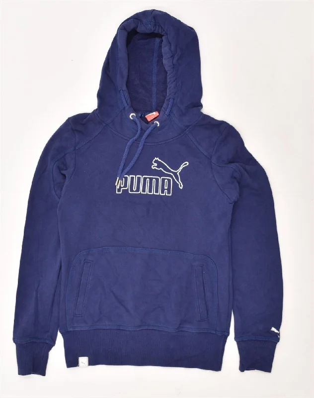 PUMA Womens Graphic Hoodie Jumper UK 10 Small Navy Blue Cotton Hoodie with Rolled Sleeves Casual Relaxed PUMA Womens Graphic Hoodie Jumper UK 10 Small Navy Blue Cotton Hoodie with Rolled Sleeves Casual Relaxed