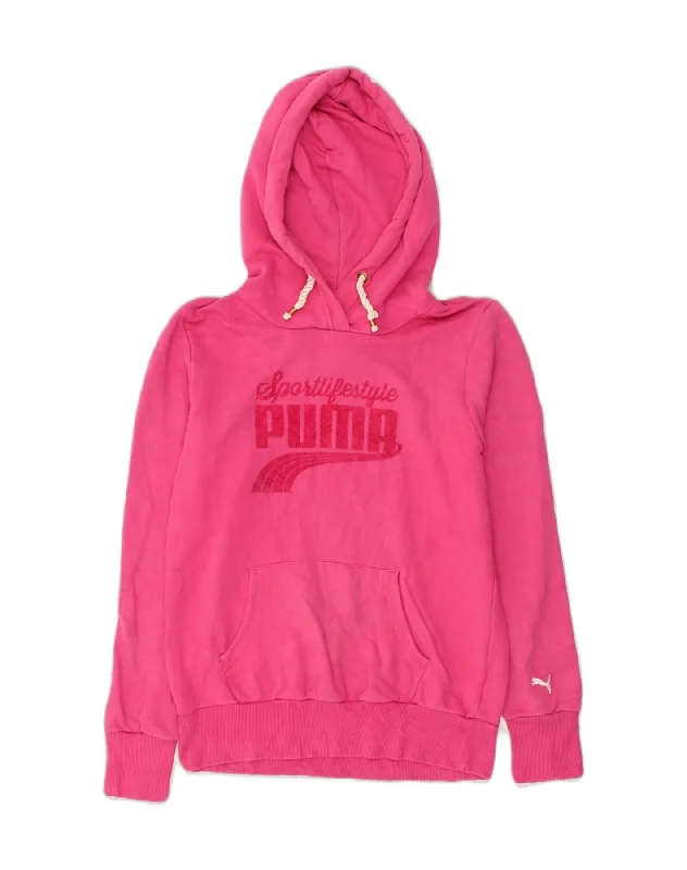 PUMA Womens Graphic Hoodie Jumper UK 12 Medium Pink Hoodie with Emblem Brand Identity PUMA Womens Graphic Hoodie Jumper UK 12 Medium Pink Hoodie with Emblem Brand Identity