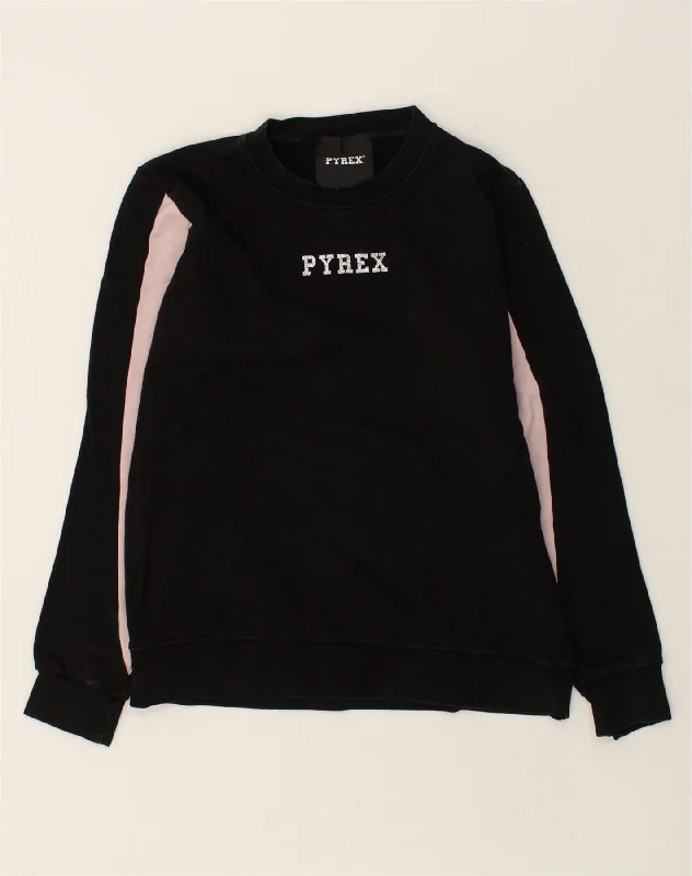 PYREX Womens Graphic Sweatshirt Jumper UK 14 Medium Black Colourblock Hoodie with Reflective Safety Nightwear