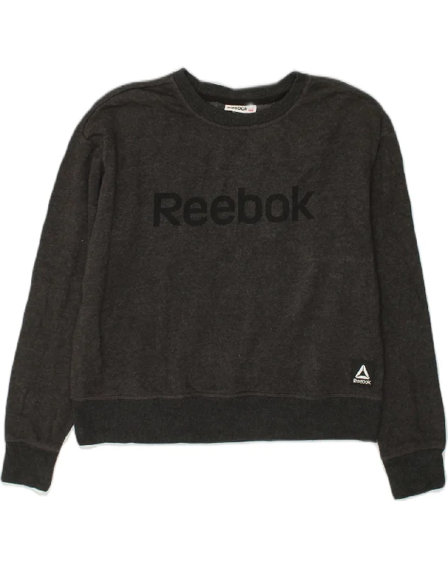 REEBOK Womens Graphic Sweatshirt Jumper UK 10 Small Grey Cotton Hoodie with Exposed Zipper Edgy Industrial REEBOK Womens Graphic Sweatshirt Jumper UK 10 Small Grey Cotton Hoodie with Exposed Zipper Edgy Industrial