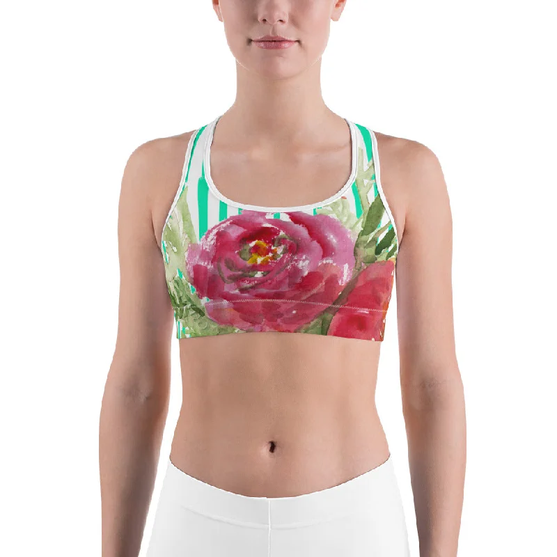 Red Floral Unpadded Sports Bra, Flower Print Colorful Vertical Stripe Women's Sports Bra - Made in USA Soft Support Bra Red Floral Unpadded Sports Bra, Flower Print Colorful Vertical Stripe Women's Sports Bra - Made in USA Soft Support Bra
